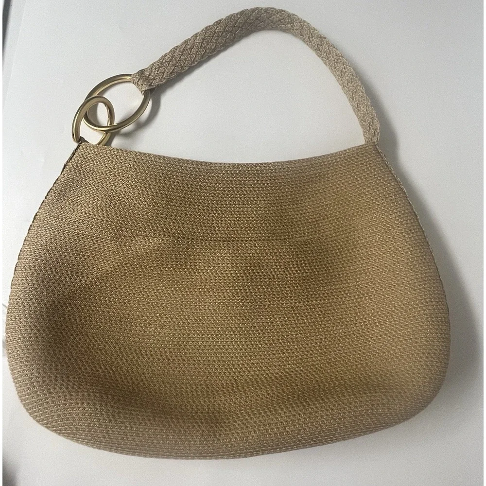 Eric Javits New York Tan Woven Zipper Top Bronze Link‎ Boho Bag Vintage